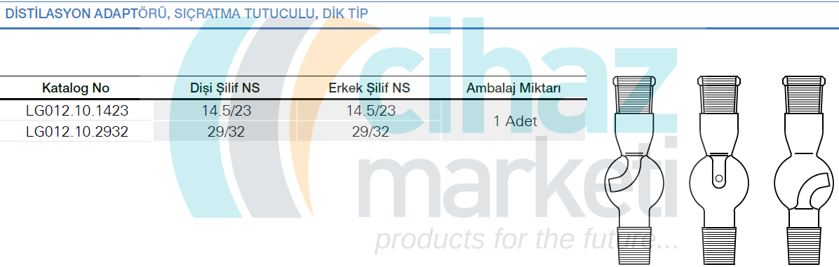 Distilasyon adaptörü, Sıçratma tutuculu, Dik tip