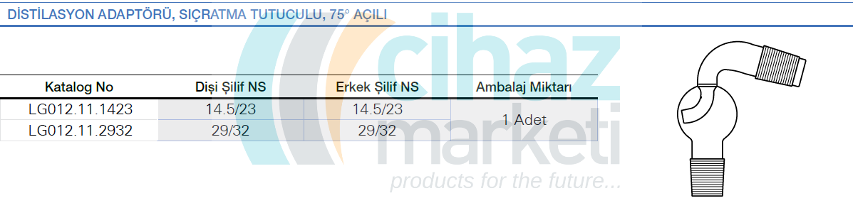 Distilasyon adaptörü, Sıçratma tutuculu, 75° açılı