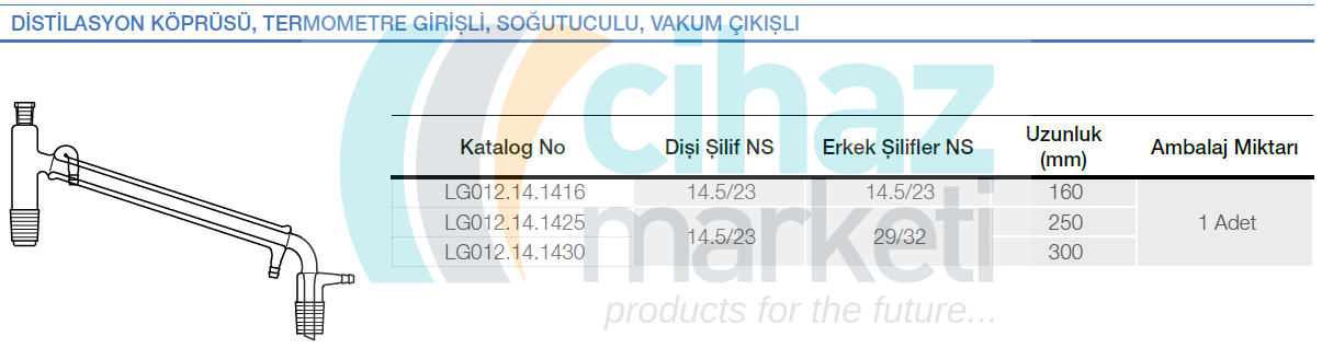 Distilasyon köprüsü, Termometre girişli, Soğutuculu, Vakum çıkışlı