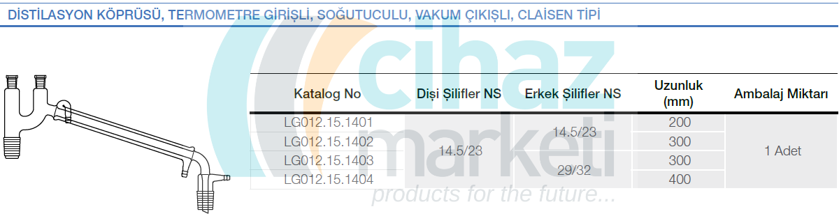 Distilasyon köprüsü, Termometre girişli, Soğutuculu, Vakum çıkışlı, Claisen tipi