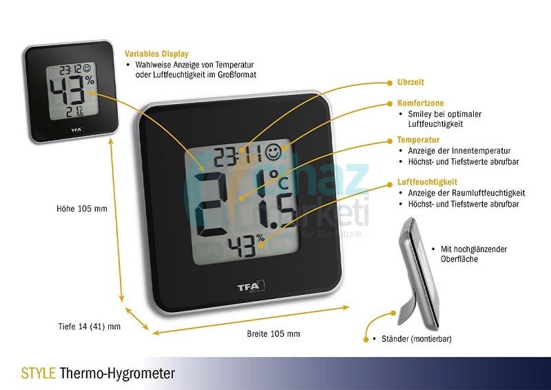 TFA 30.5021.01 'Style' Sıcaklık ve Nem Ölçer (Saatli)